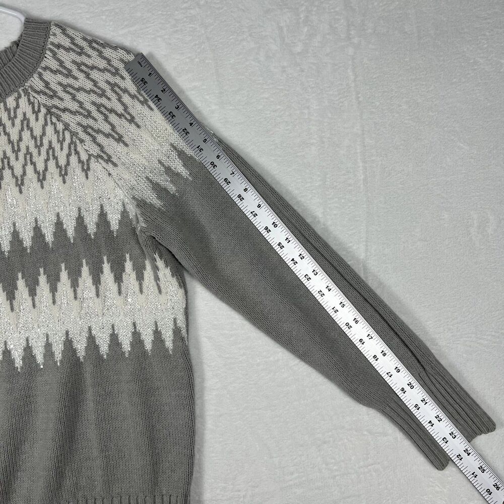 Ann Taylor Factory Womens Gray Fair Isle Nordic Sweater L Metallic Crew Pullover - Picture 6 of 8